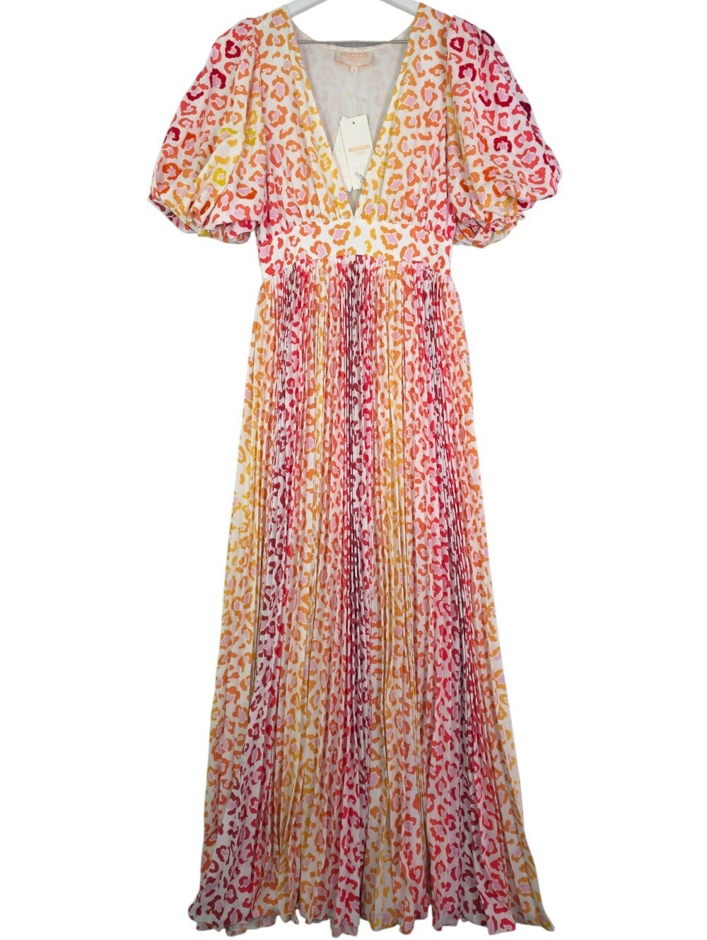 Rococo Sand Avana Pleated Plunge V-Neck Maxi Dress Pink Orange Yellow Leopard
